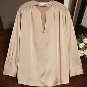 NWT Vince ‘Smocked Shoulder Long Sleeve Satin Blouse’ in “Pale Nut” Plus Size 2X